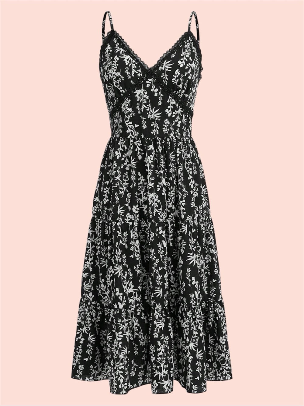 Black Floral Lace-Trim Midi Slip Dress